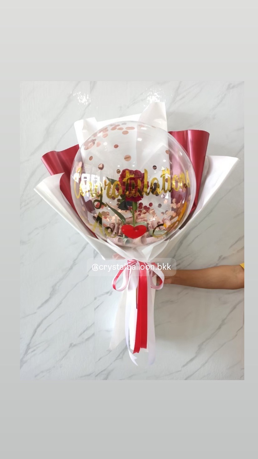 Flower Balloon ดอกกุหลาบแดงประดิษฐ์ 1 ดอก Bubble ขนาด 18" สามารถใส่เงินได้ 30 ใบ พร้อมตกแต่ง สามารถเปลี่ยนข้อความ/เปลี่ยนสีได้