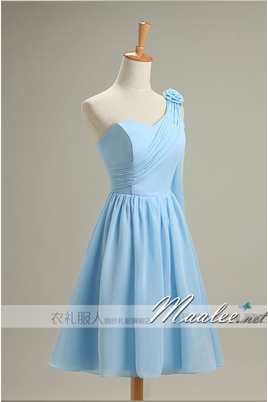 พร้อมเช่า ชุดราตรีสั้น สีฟ้าอ่อน ชุดเพื่อนเจ้าสาว Blue-001D