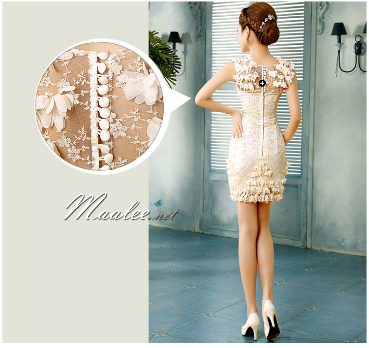 พร้อมส่ง ชุดราตรีสั้น สีครีม Champagne สวยหวาน แต่งลูกไม้หรู กระดุมหลัง