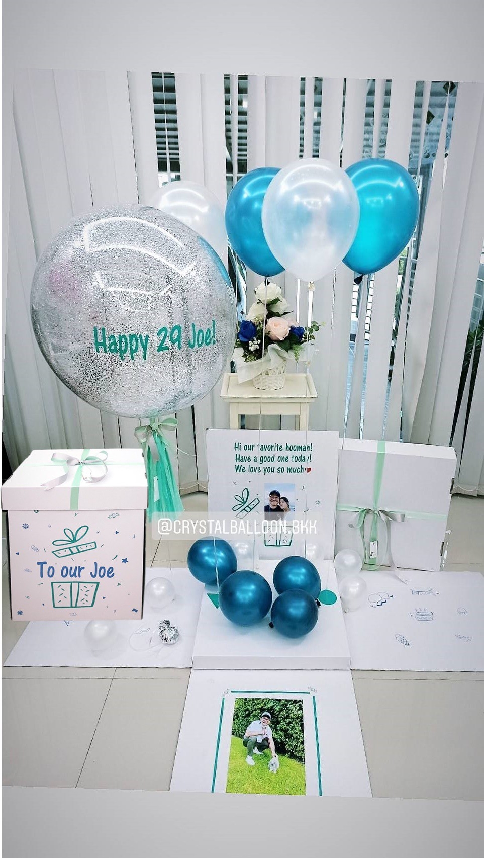 Surprise Box กล่องเซอร์ไพรส์วันเกิด Bubble ขนาด 24" พร้อมตกแต่ง ช่อลูกโป่ง 1 ช่อ,สามารถใส่รูปได้ 4 ใบ