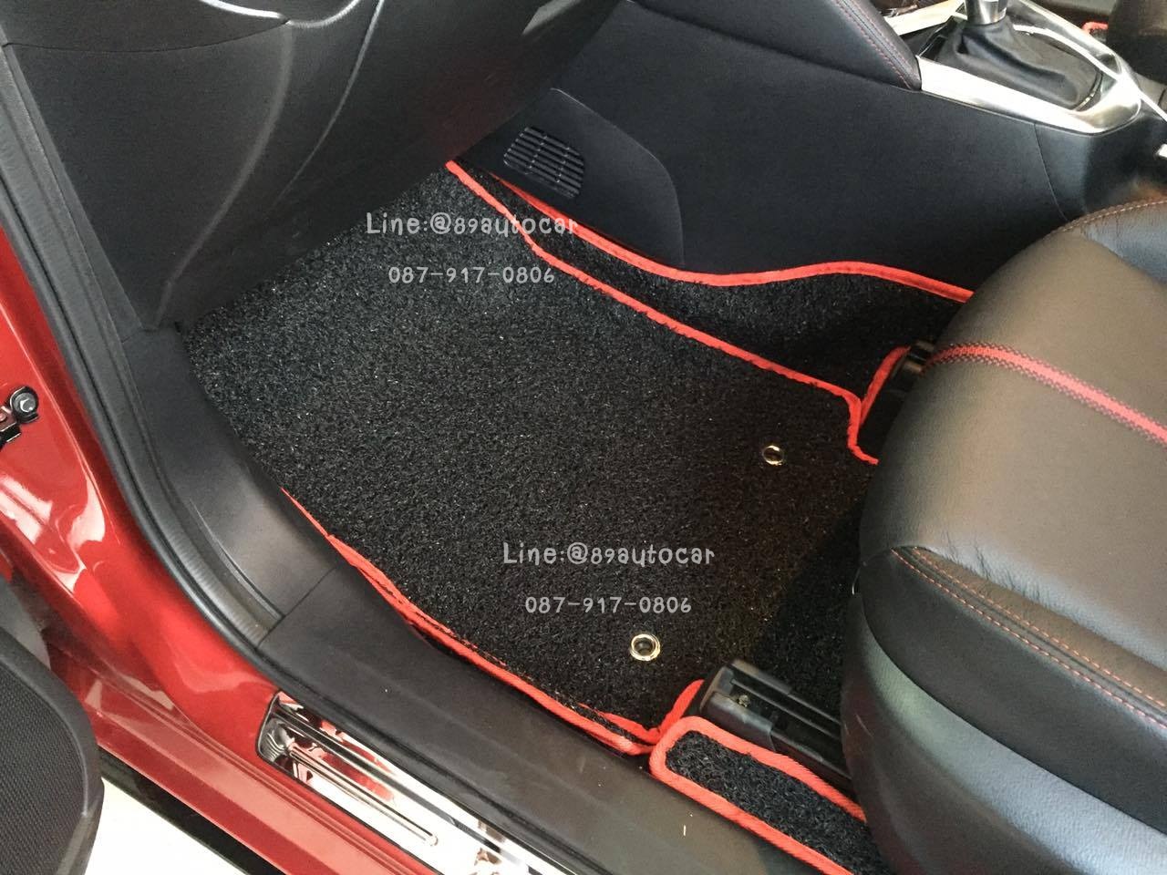 พรมดักฝุ่นปูพื้นรถยนต์ Mazda 2 2015 ไวนิลสีดำขอบแดง