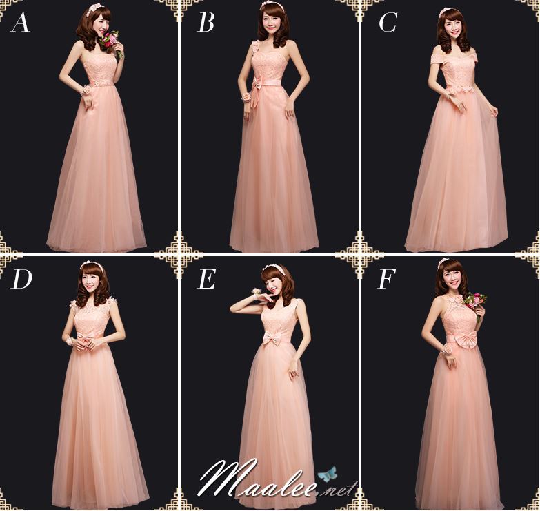 พร้อมเช่า ชุดราตรียาว ชุดเพื่อนเจ้าสาว สีโอโรส แบบ C ไหล่ปาด ช่วงอกแต่งลูกไม้ เอวแต่งกลีบดอกไม้สวย (เชือกผูกหลัง)