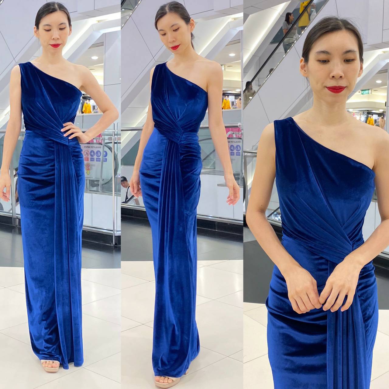 พร้อมเช่า ชุดเดรส เดรสไหล่เดียว แพทเทิร์นเก๋ จับเดรปหน้า สีน้ำเงิน เนื้อกำมะหยี่