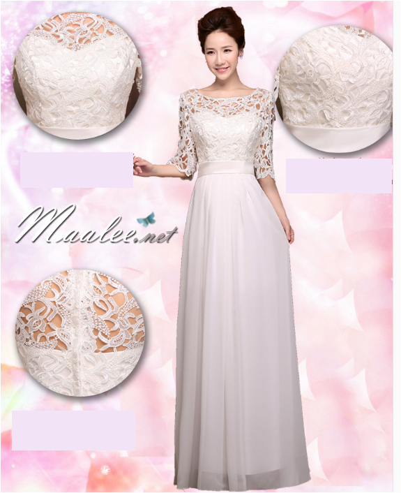 พร้อมส่ง ชุดราตรียาว สีครีม แขนสามส่วน ลูกไม้ฉลุ กระโปรงผ้าชีฟอง