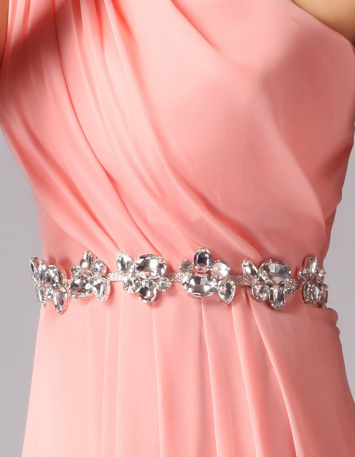 พร้อมเช่า ชุดราตรียาว ไหล่เดียว สีโอรส จับเตรปสไตล์กรีก คาดคริสตัลช่วงเอว