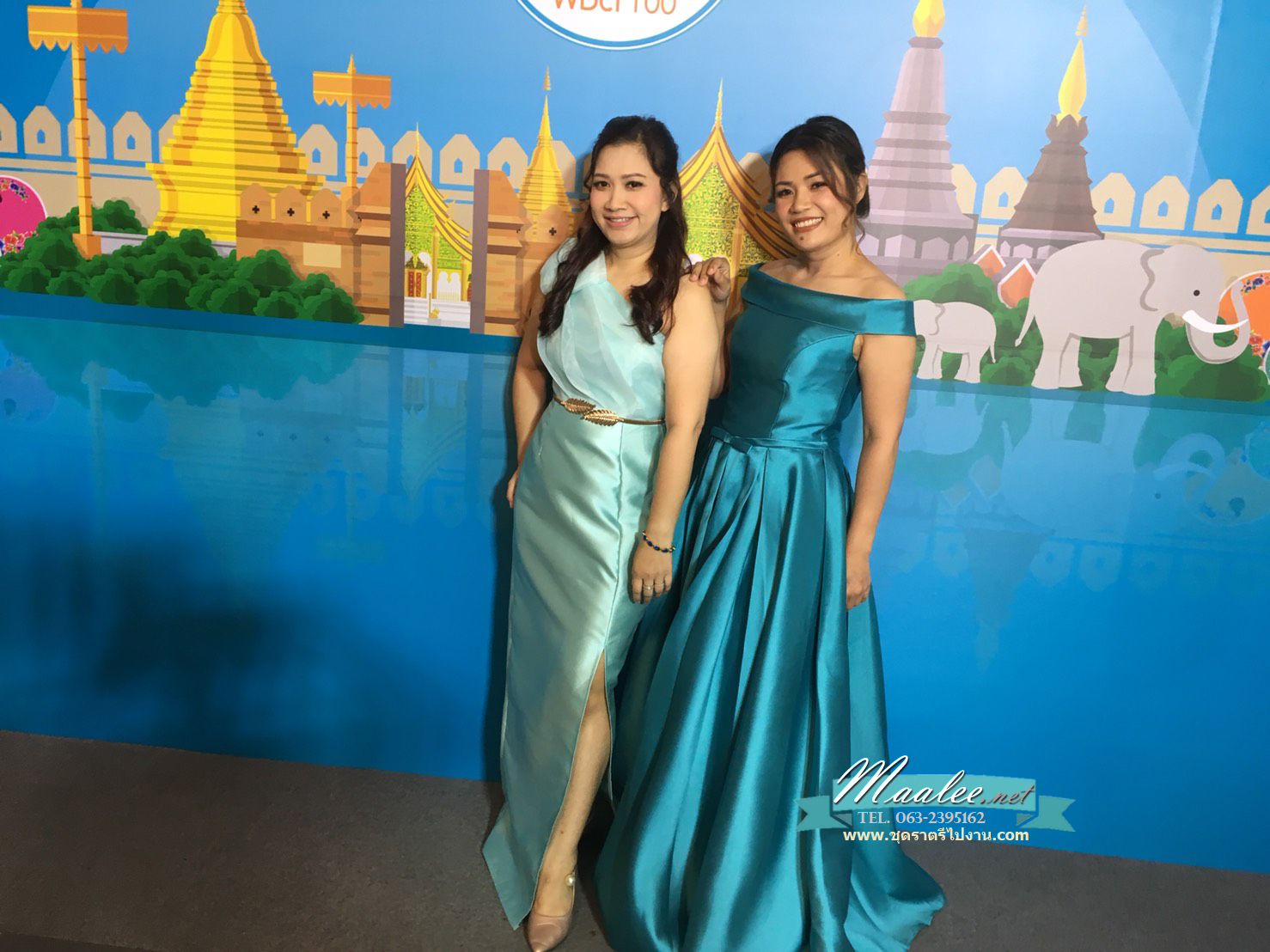 พร้อมเช่า ชุดราตรียาว แบบไหล่ปาด สไตล์วินเทจผ้าไหมดัชเชส กระโปรงทรงA แต่งโบว์2ชั้น ช่วงเอว สีเขียวน้ำทะเล (เชือกผูกหลัง)