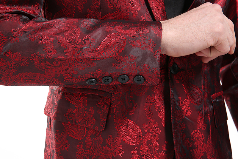 พร้อมเช่า ชุดสูทชาย สีแดง พิมพ์ลาย เนื้อผ้าแพรแบบหรูมาก