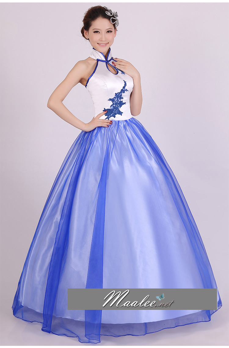 พร้อมเช่า ชุดแฟนซี ชุดราตรียาว ชุดจีน กี่เพ้า สีขาว น้ำเงิน แบบเก๋