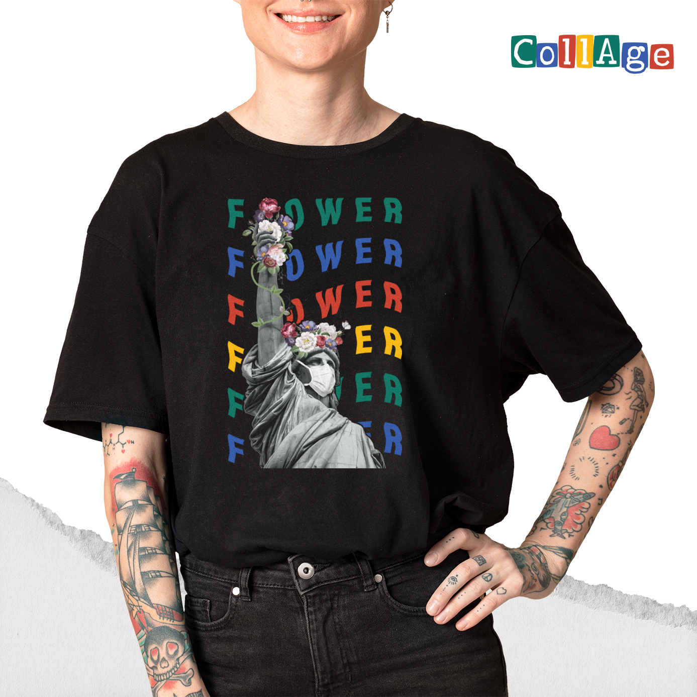 เสื้อยืดพิมพ์ลาย Collage Flower รหัส CEA00466 สีดำ #เสื้อยืด #Collage