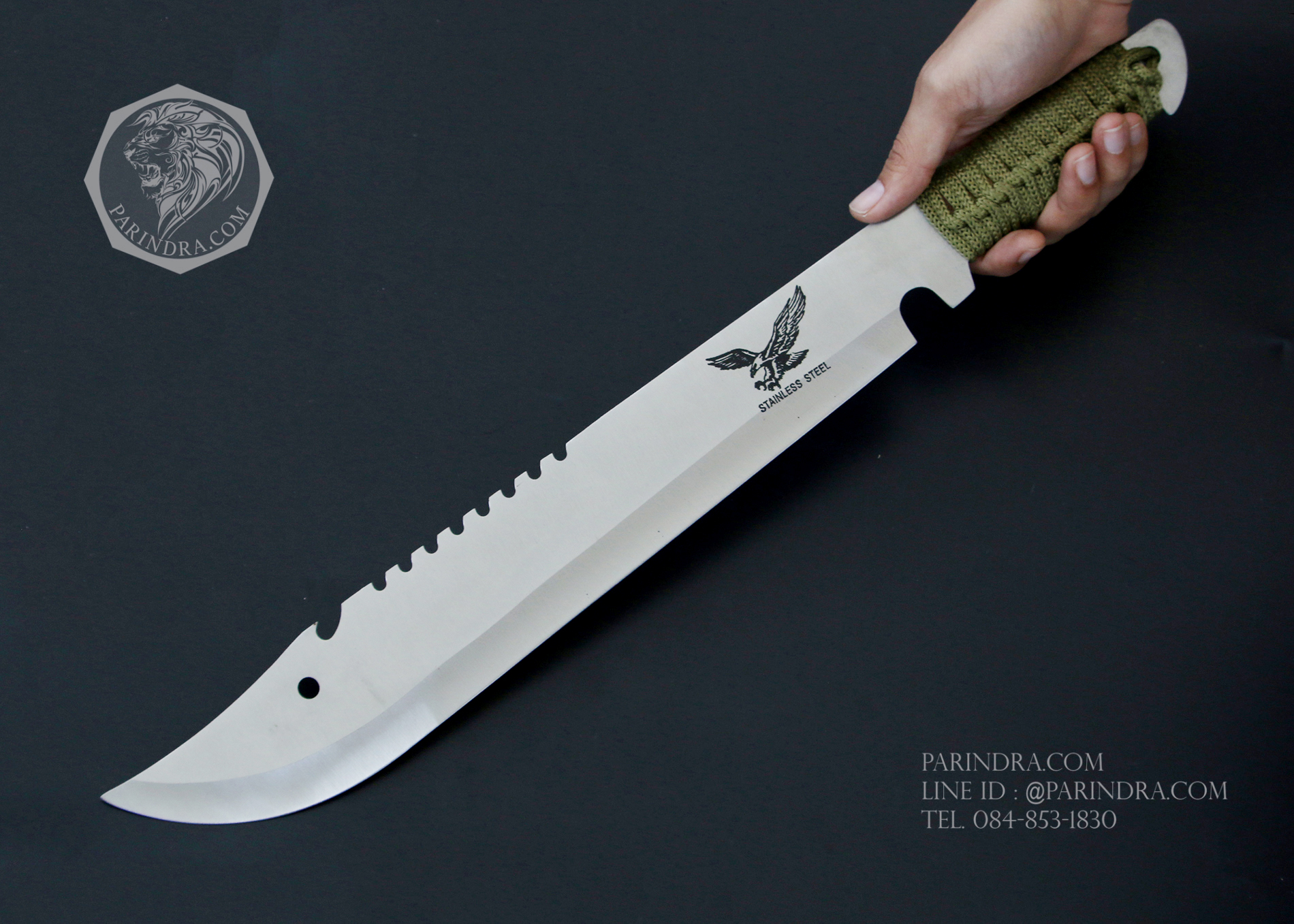 มีดยาวเดินป่า Hawk สปาร์ต้า ปลายแหลม ขนาด 19.5 นิ้ว ด้ามเชือกถักสีเขียว