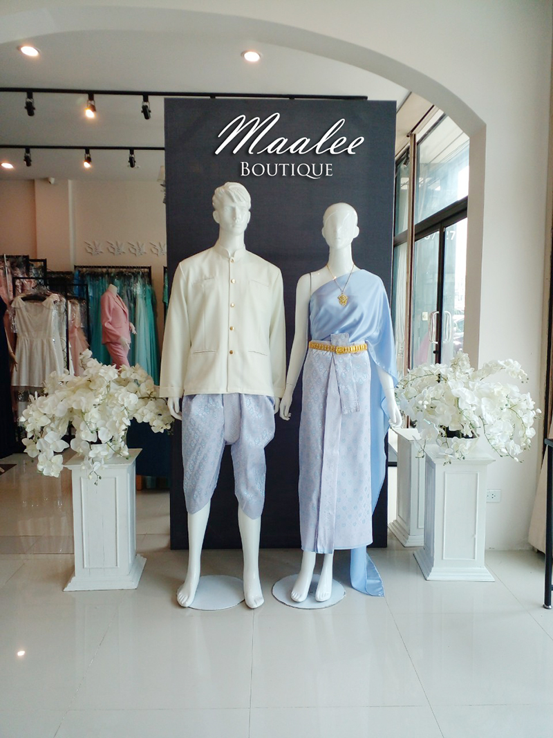 เช่า ชุดไทย ชุดเพื่อนเจ้าสาว ชุดไทยผ้าถุงสีชมพูฟ้าเงิน สไบเรียบสีเทาฟ้า