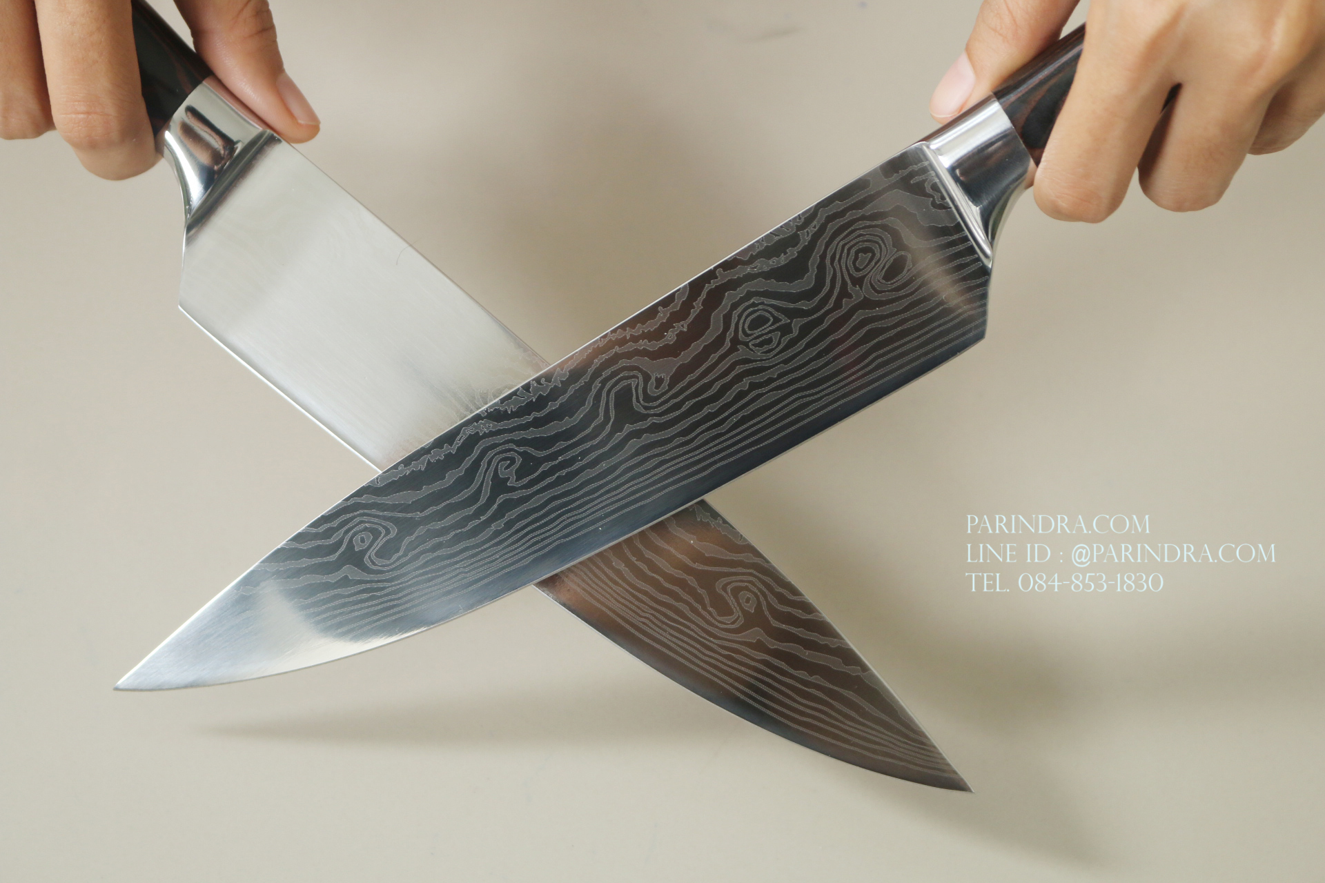 มีดทำครัว Premium ยิงเลเซอร์ลายดามัสกัส ด้ามไม้ ขนาดใบ 8 นิ้ว ปลายแหลม คมกริบ