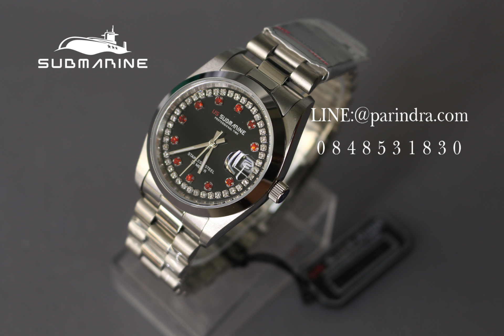 นาฬิกา US submarine รุ่น SUB101M D สีเงินล้วนหน้าปัดสีดำเพชรแดง