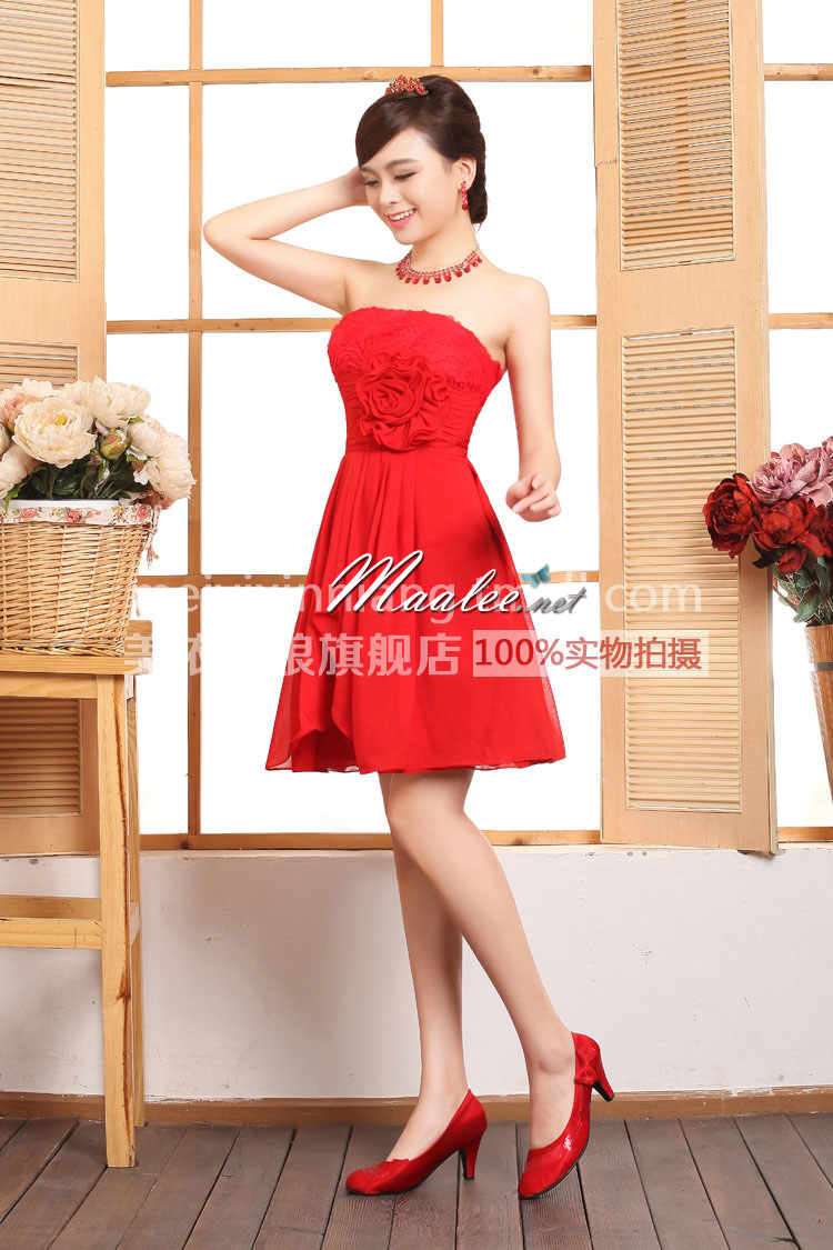 พร้อมส่ง ชุดราตรีสั้น เกาะอก สีครีม Champagne กระโปรงสองชั้น แต่งลูกไม้