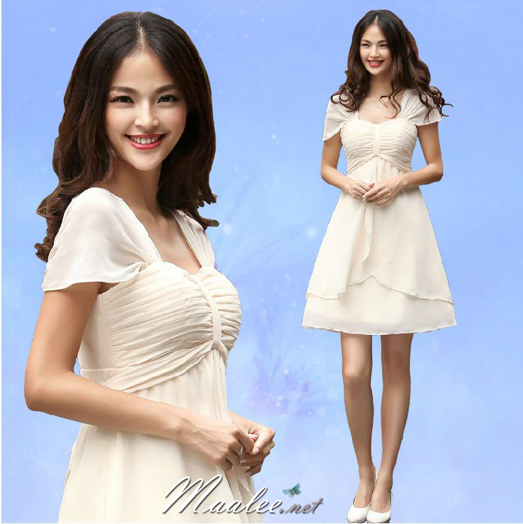 พร้อมส่ง ชุดราตรีสั้น แบบปิดไหล่ สไตล์เรียบหรู สีครีม อกจับจีบพร้อมเชือกผูกเป็นโบว์ (คนท้องใส่ได้)