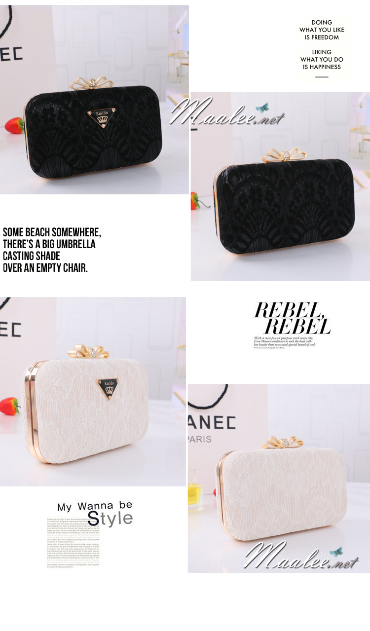 พร้อมส่ง Evening Clutch กระเป๋าออกงาน Emido ทรงสี่เหลี่ยม แบบลูกไม้เรียบหรู สีดำ จุกเปิดเก๋ๆรูปโบว์มีเพชร มาพร้อมสายสะพายยาว