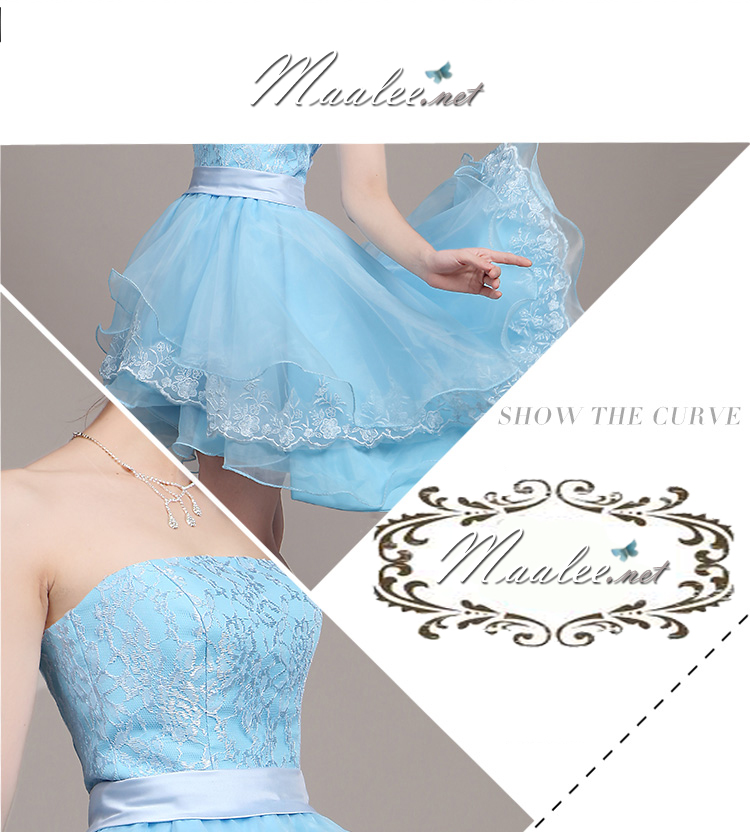 พร้อมเช่า ชุดราตรีสั้น เกาะอก แต่งลูกไม้กระโปรง3ชั้น ผ้าแก้ว ผ้าคาดเอวซาติน หน้าสั้นหลั้งยาว สีฟ้า