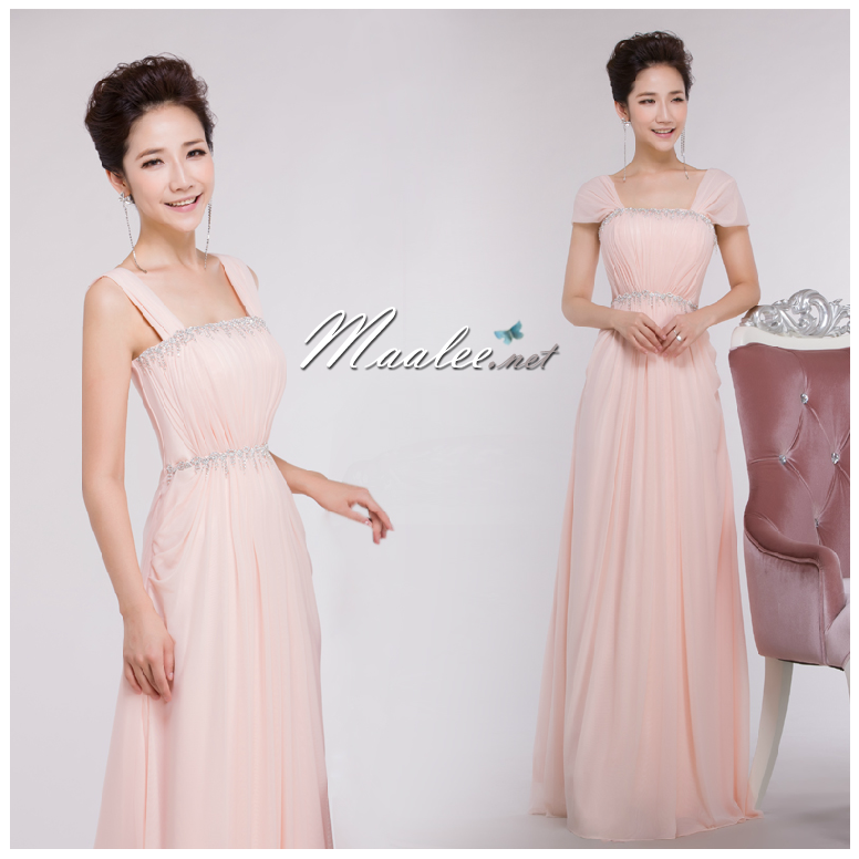 พร้อมเช่า ชุดราตรียาว สีชมพู ปิดไหล่ได้สองแบบ เนื้อผ้าทิ้งตัวสวย แต่งเลื่อม อกและเอว