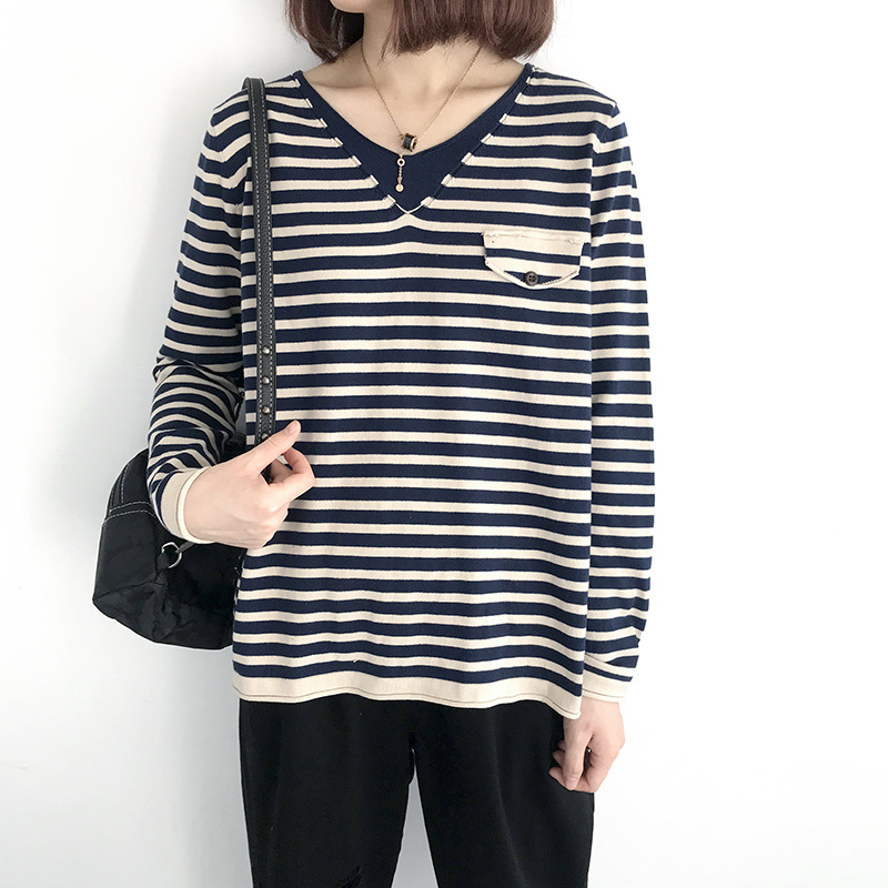 เสื้อยืดไหมพรมลายทางคอวี