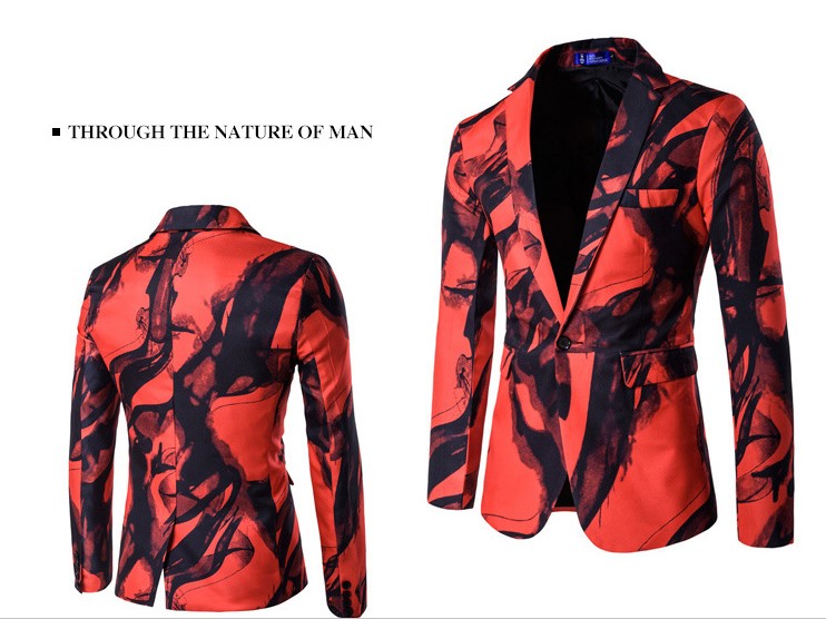 พร้อมเช่า เสื้อสูทชาย สีแดงดำ พิมพ์ลายหินอ่อน กับกางเกงสแลคดำ