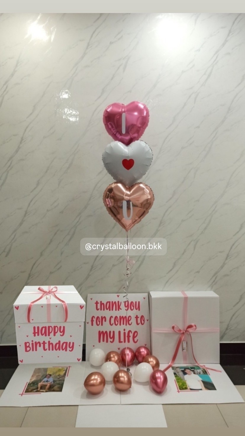 Happy Brithday Surprise Box กล่องเซอร์ไพรส์วันเกิด พร้อม ฟอยล์หัวใจ 18" 3 ชิ้น พร้อมตกเเต่ง สามารถใส่รูปได้ 2 ใบ สามารถเปลี่ยนสีลูกโป่ง/เปลี่ยนข้อความ/เปลี่ยนสีฟอยล์ตกเเต่งได้