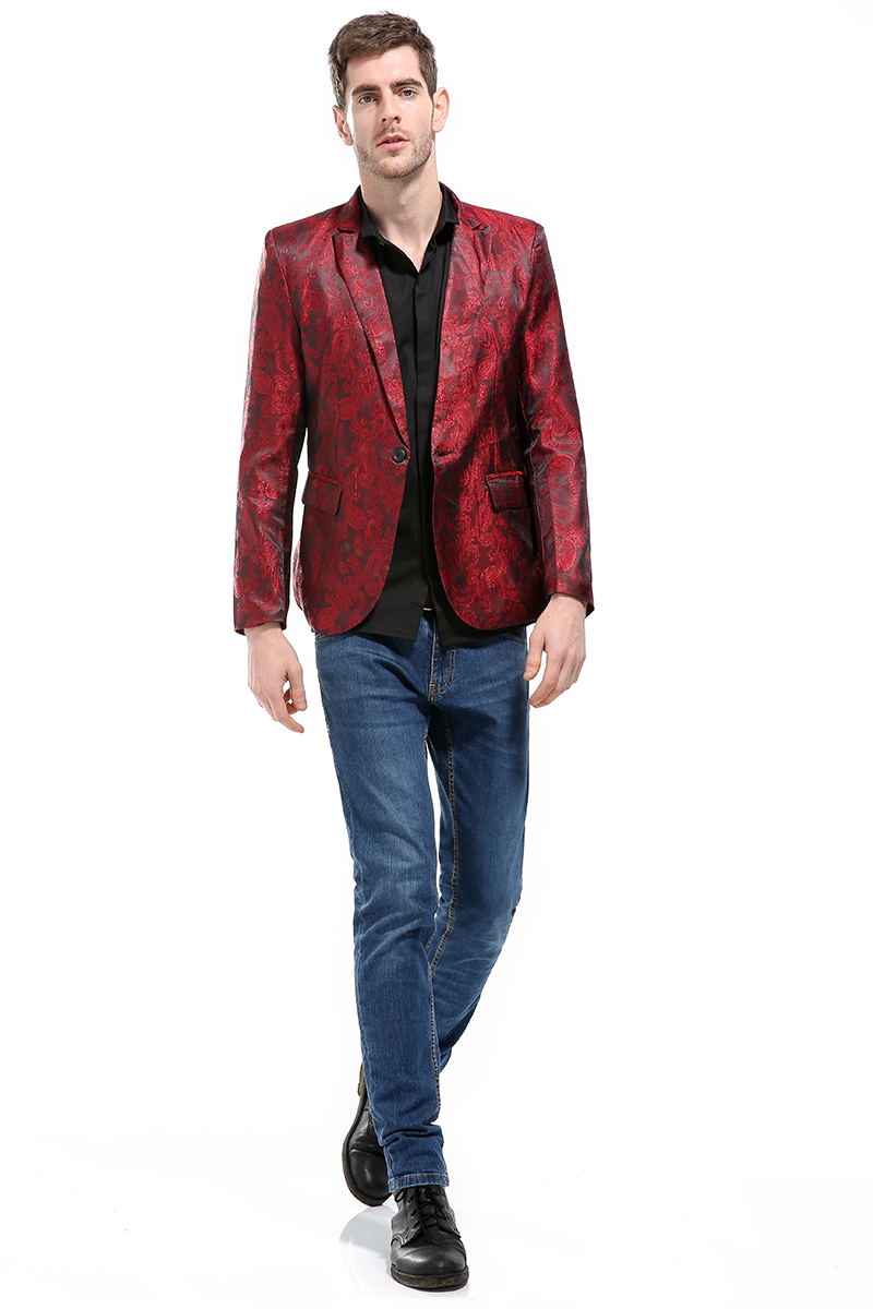 พร้อมเช่า ชุดสูทชาย สีแดง พิมพ์ลาย เนื้อผ้าแพรแบบหรูมาก
