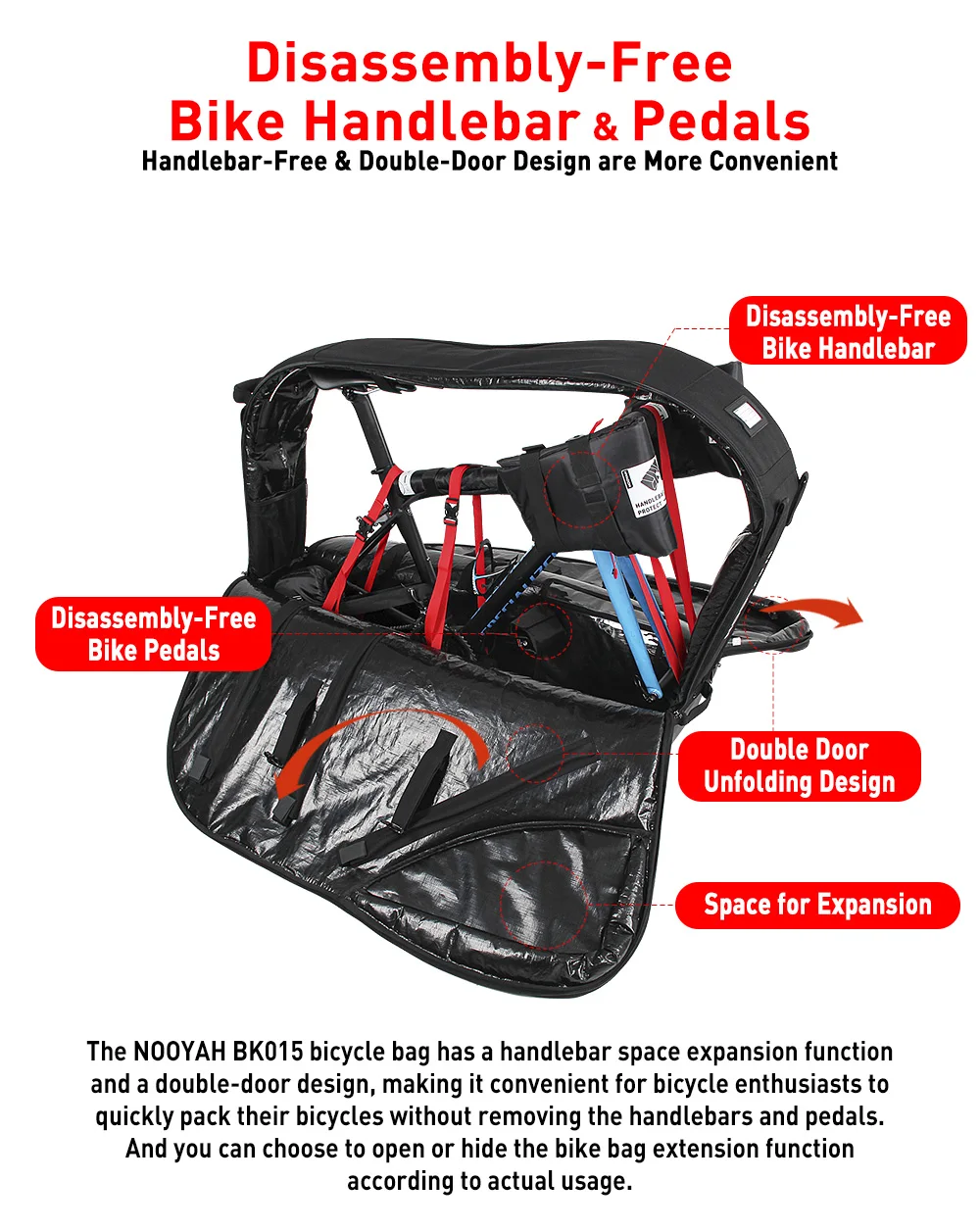 NOOYAH BK015 Pro Bike Travel Case – No Need to Remove Handlebars or Pedals | Full 16-Piece Protection Kit