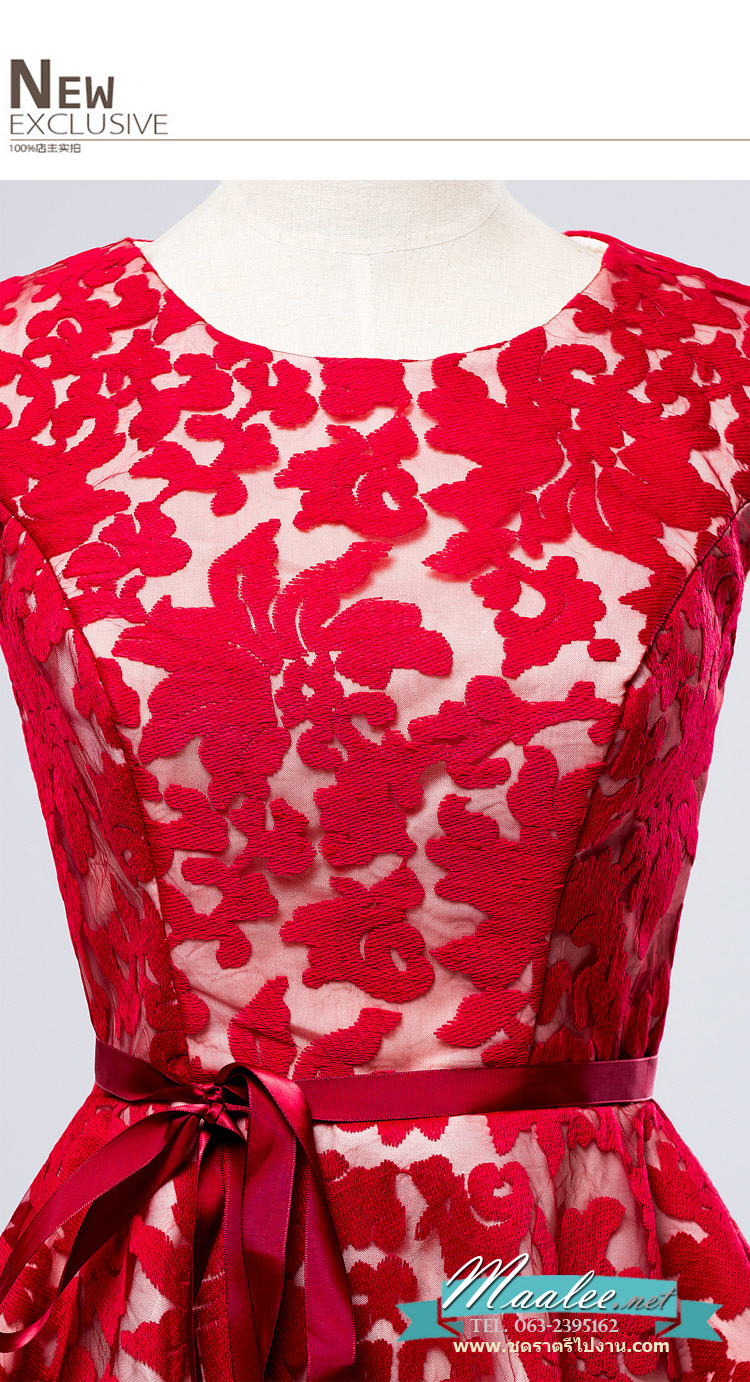 พร้อมเช่า ชุดราตรีสั้น แขนกุด สไตล์สวยหวาน 3มิติ กระโปรงพองนิดๆ สีไวน์แดง (ซิปหลัง)