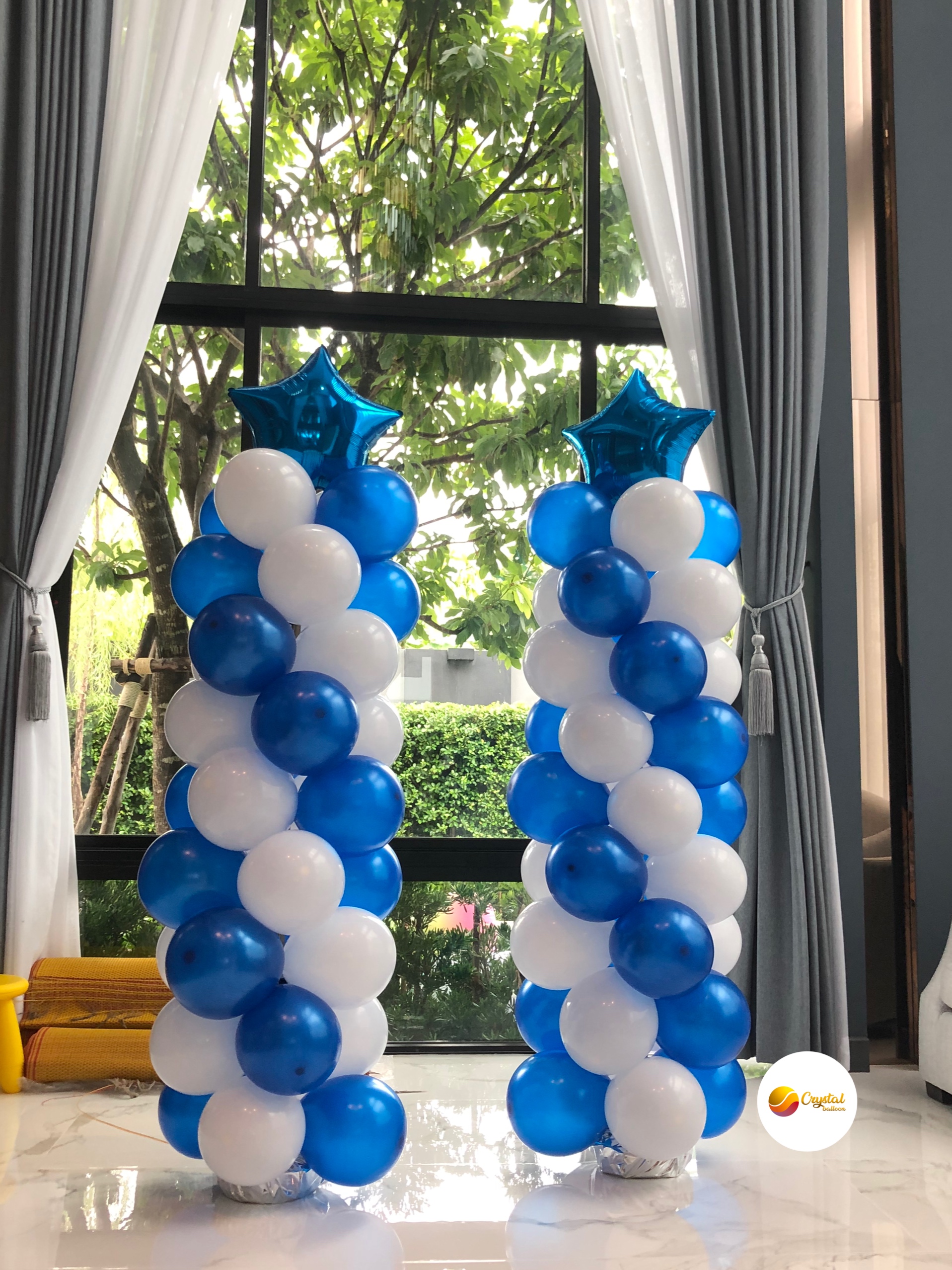 เสาลูกโป่ง เปิดงาน-เปิดร้าน เสาฟอยล์ดาว 2 เสา Theme สีน้ำเงิน-ขาว พร้อมตกแต่ง สามารถเปลี่ยนสีลูกโป่ง/เปลี่ยนสี-ฟอยล์ตกแต่งได้