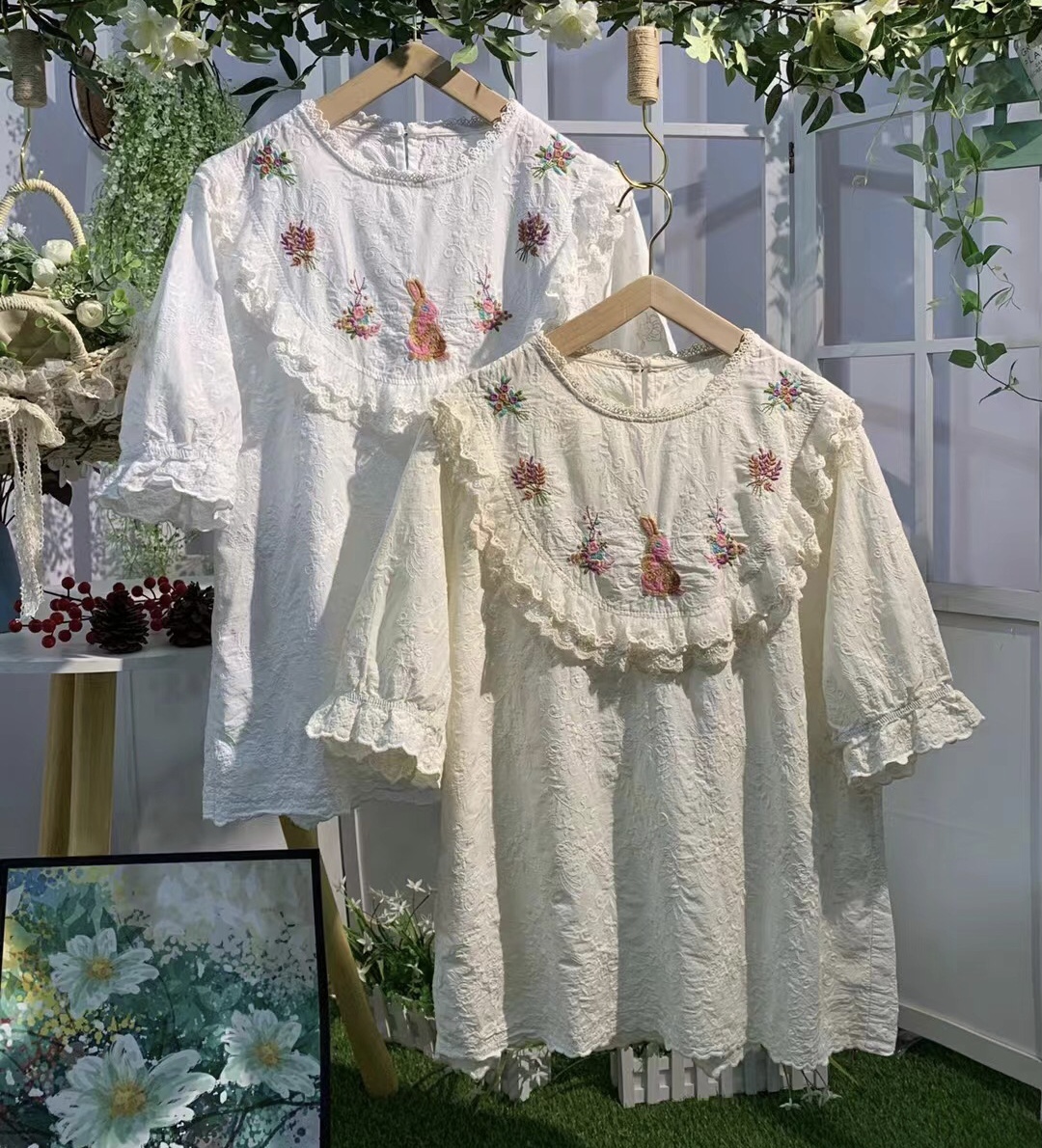 เสื้อผ้าลูกไม้ลายปักกระต่ายแต่งระบาย