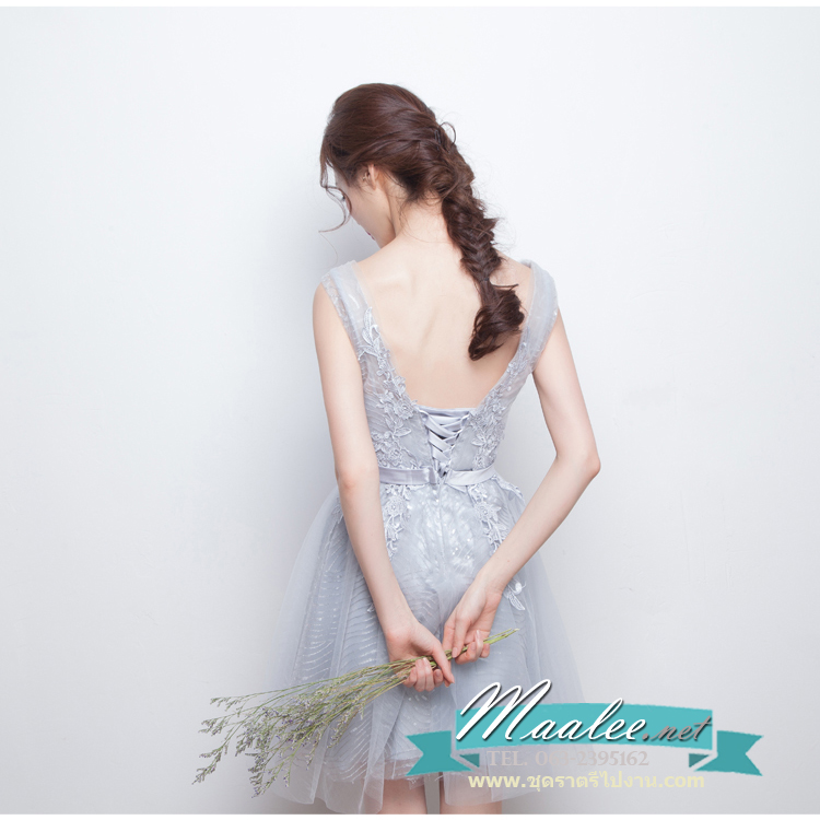 พร้อมเช่า ชุดราตรีสั้น แขนกุด สีเทา แต่งลายลูกไม้ ผ้าตาข่าย ข้างในปักเลื่อมสวย