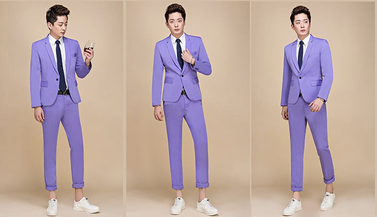 พร้อมเช่า ชุดสูทชาย สีม่วง สไตล์เกาหลี (ไม่มีเสื้อกั๊ก)