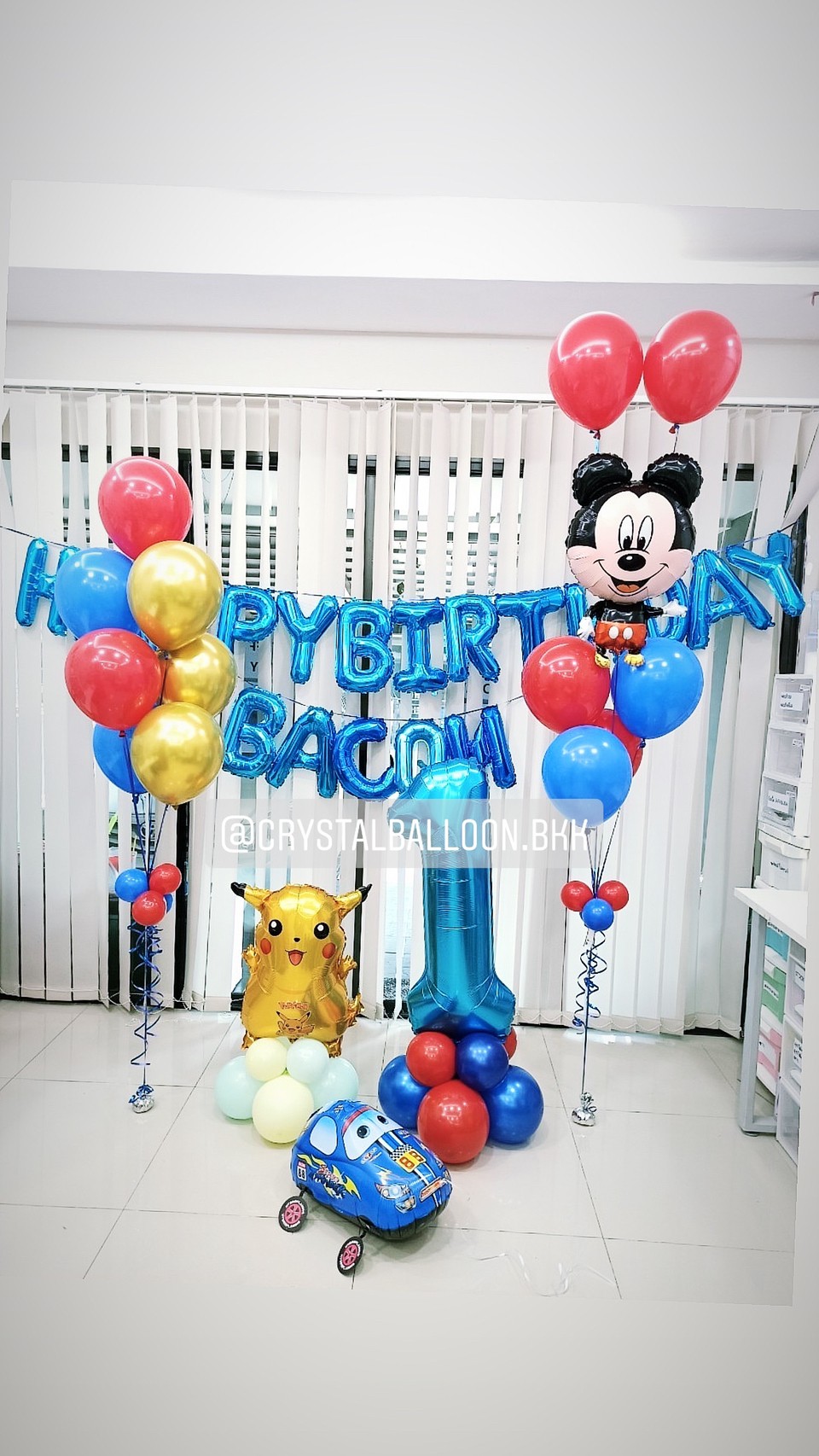 ลูกโป่ง วันเกิดเด็ก ช่อลูกโป่ง 7 ลูก 1 ช่อ พร้อมตกแต่ง ช่อลูกโป่ง Mickey Mouse,ฟอยล์ ปิกาจู ตั้งฐาน 1 ชิ้น,ฟอยล์รถแข่งลากจูง 1 ชิ้น,ฟอยล์ตัวเลข ขนาด 40" 1 ชิ้น,ฟอยล์ตัวอักษร Happy Birthday,ฟอยล์ตัวอักษร 5 ตัวอักษร สามารถเปลี่ยนสีลูกโป่ง/เปลี่ยน Theme