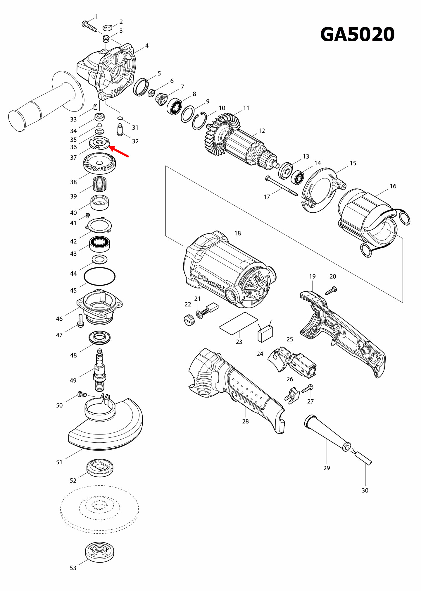 LOCK WASHER หินเจียร 5 นิ้ว มากีต้า Makita GA5020, GA6020 [#37] Pn.267811-8 (แท้) ##