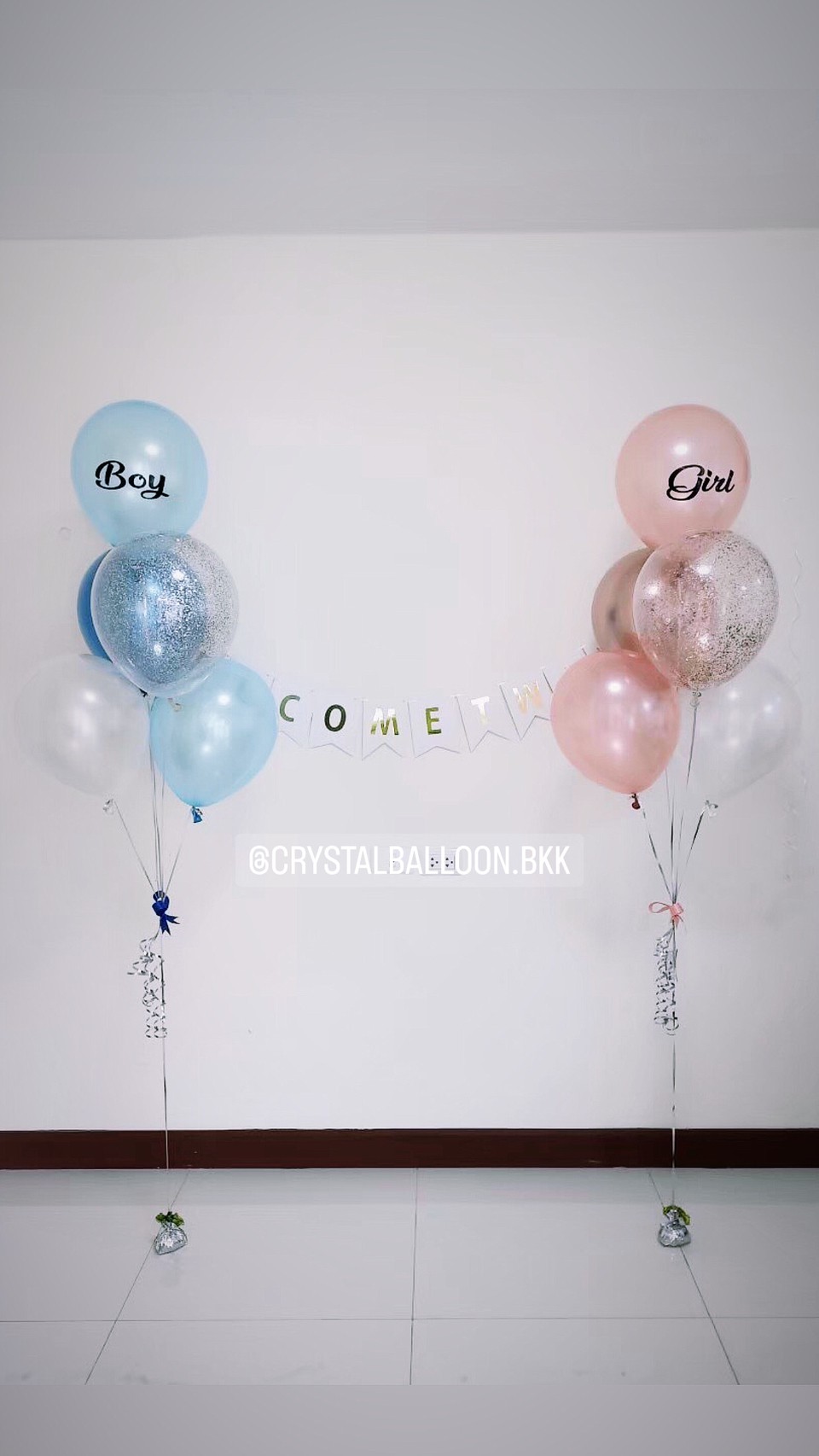 ลูกโป่ง Welcome Baby ช่อลูกโป่ง 5 ลูก 2 ช่อ พร้อมตกแต่ง ป้ายธง 11 ตัวอักษร,ลูกโป่งใส ใส่กลิตเตอร์ สามารถเปลี่ยนสีลูกโป่ง/เปลี่ยนข้อความ/เปลี่ยนสี-ป้ายธงได้