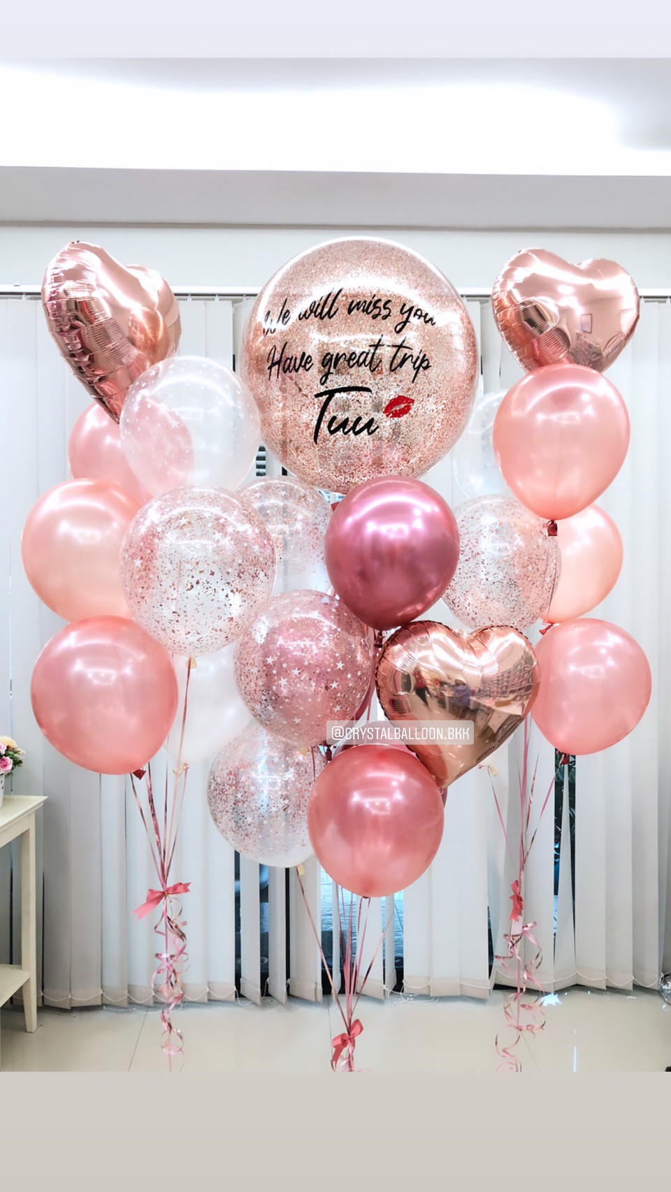 ลูกโป่ง อำลา Have A Great Trip Bubble ขนาด 24" สีโรสโกล พร้อม ช่อลูกโป่ง ฟอยล์หัวใจ ขนาด 18" 3 ช่อ,ลูกโป่งใส ใส่กลิตเตอร์,ลูกโป่งใส ลายดาว พร้อมตกเเต่ง สามารถเปลี่ยนสีลูกโป่ง/เปลี่ยนข้อความ/เปลี่ยนฟอยล์ตกแต่ง/เปลี่ยนขนาดได้