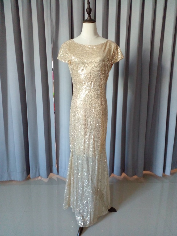 พร้อมเช่า ชุดราตรียาว งานกลิตเตอร์ สีทอง แขนสั้น กระโปรงหางปลา