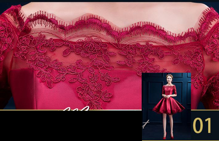 พร้อมเช่า ชุดราตรีสั้น แบบไหล่ปาด แขนยาว ผ้าซาติน แต่งลูกไม้สวยหรู สีไวน์แดง (เชือกผูกหลัง)