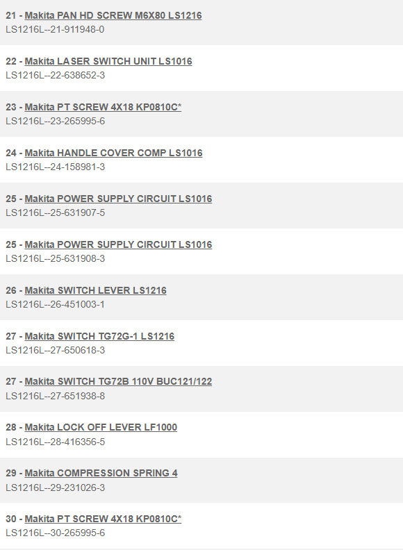 LS1216L, LS1016L แท่นตัดองศา Makita Spare Parts