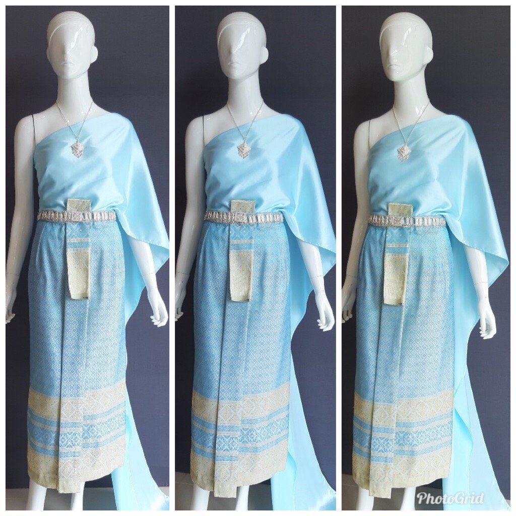 เช่า ชุดไทย ชุดเพื่อนเจ้าสาว ชุดไทยผ้าซิ่นสีฟ้า สไบเรียบสีฟ้า