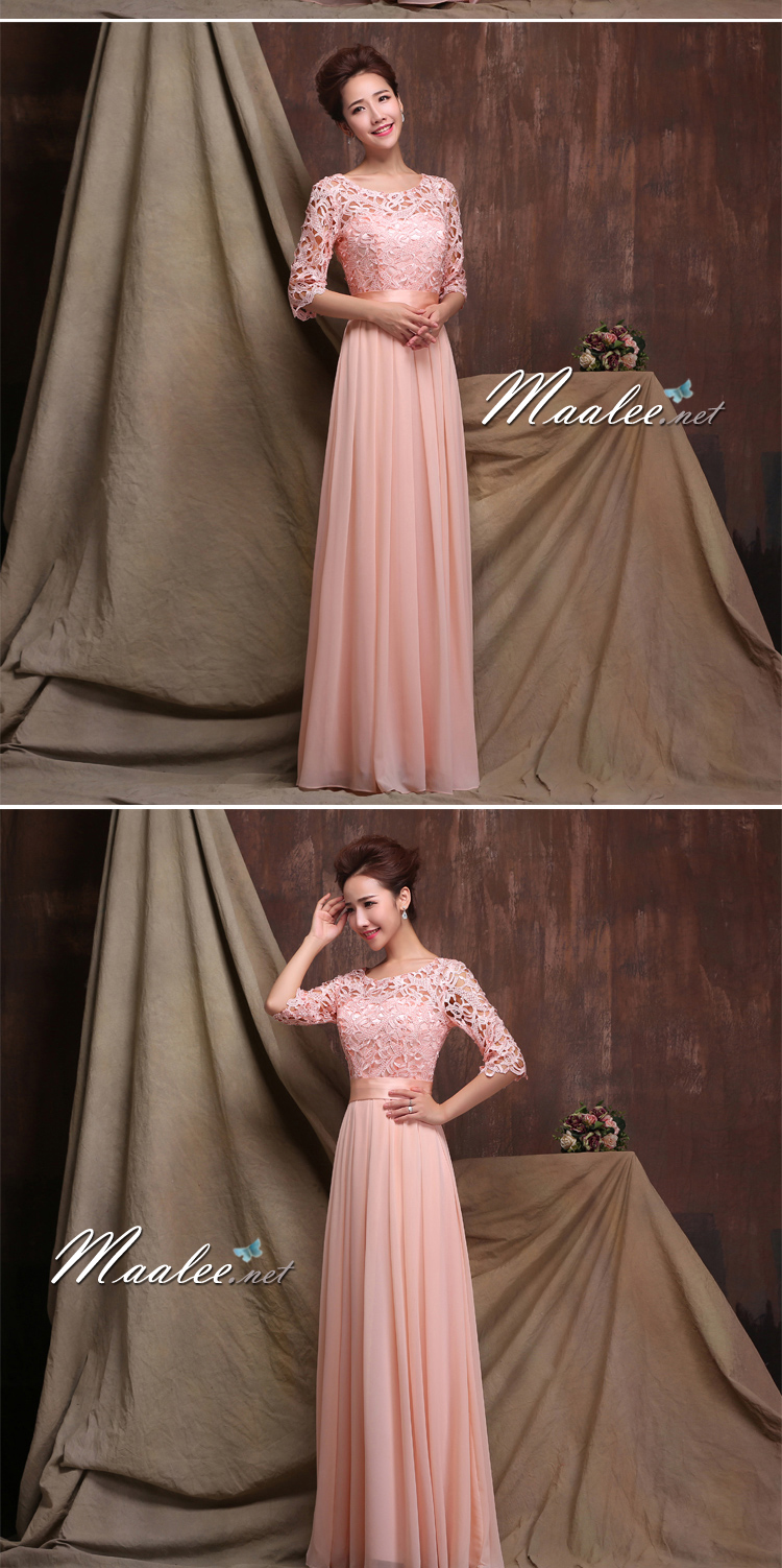 พร้อมเช่า ชุดราตรียาว สีชมพู แขนสามส่วน ลูกไม้ฉลุ กระโปรงผ้าชีฟอง