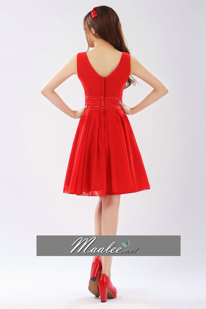 พร้อมเช่า ชุดราตรีสั้น แขนกุด สีน้ำทะเล คอวีหน้า หลัง จับเดรปสวย คาดเอวผ้าซาติน