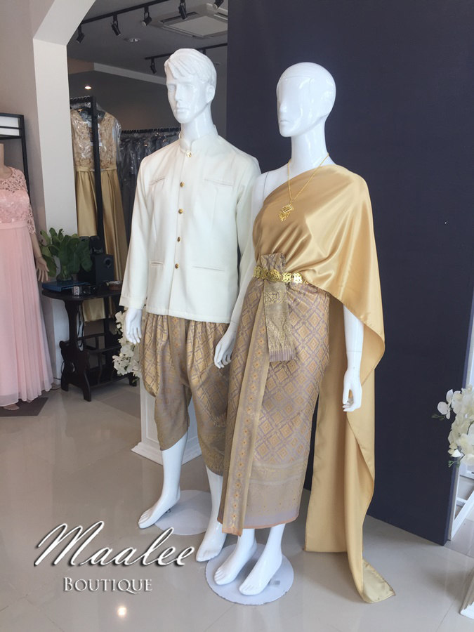 เช่า ชุดไทย ชุดเพื่อนเจ้าสาว ชุดไทยผ้าถุงทอง สไบเรียบ สีน้ำตาล ทอง