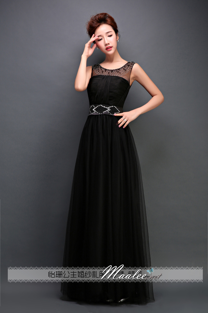 พร้อมเช่า ชุดราตรียาว สีดำ อกจับจีบผ้าชีฟอง สไตล์กรีก ช่วงคอแแต่งลูกปัดผ้าตาข่าย&กระโปรง เอวแต่งลูกปัดพร้อมเลื่อม