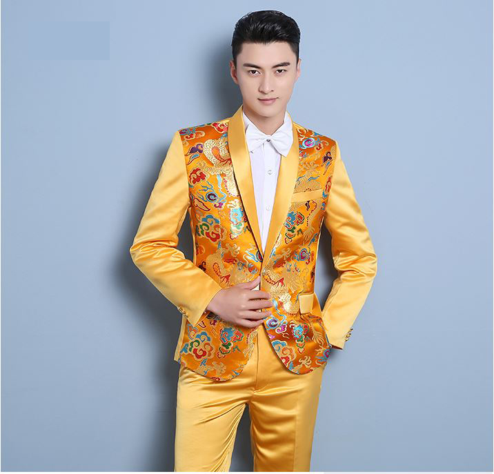 Pre-order ชุดสูทจีนชาย สีเหลืองปกคอเหลือง พิมพ์ลายกราฟฟิก