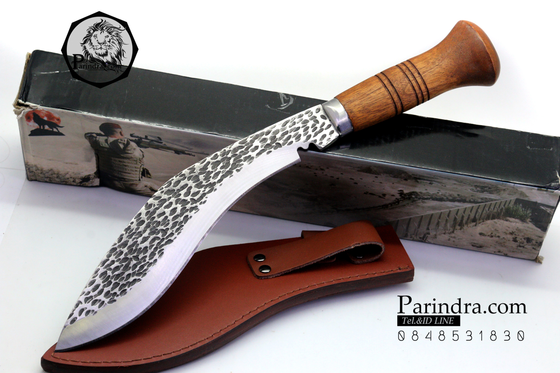 มีดใบตาย มีดเดินป่าทรงกรูข่าลายค้อนตี Kukri ขนาด 14 นิ้ว ด้ามไม้พร้อมปลอกซองหนัง