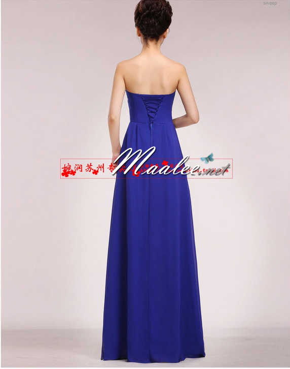 พร้อมส่ง ชุดราตรียาว แบบเกาะอก ผ้าชีฟอง ช่วงอกอัดพลีท แต่งดอกที่เอว สีฟ้าอ่อน