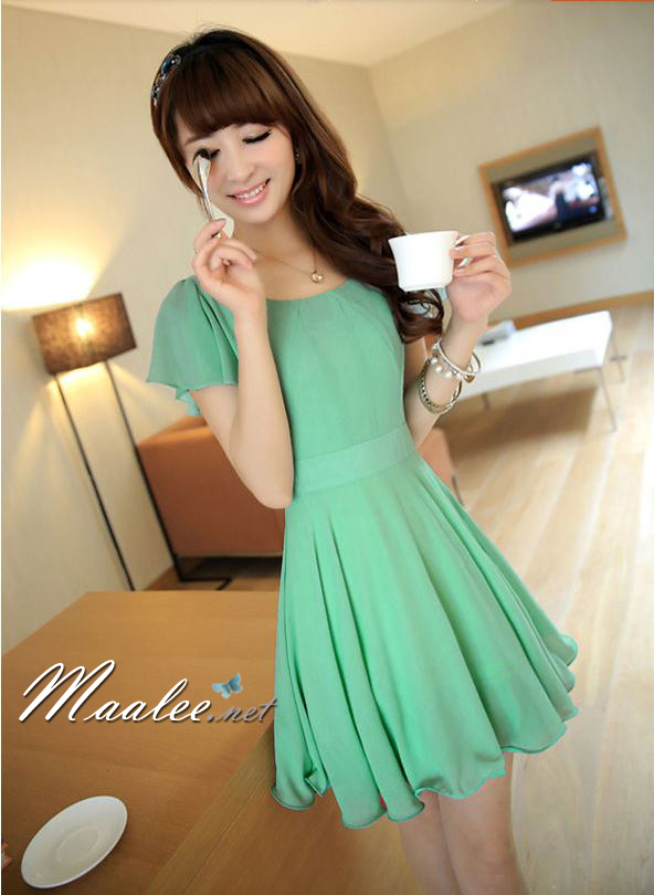 พร้อมส่ง ชุดออกงาน ชุดเดรสชีฟอง Slim Design สีเขียวมินท์ แขนและกระโปรงชายย้วย (เหลือเฉพาะไซส์ L)