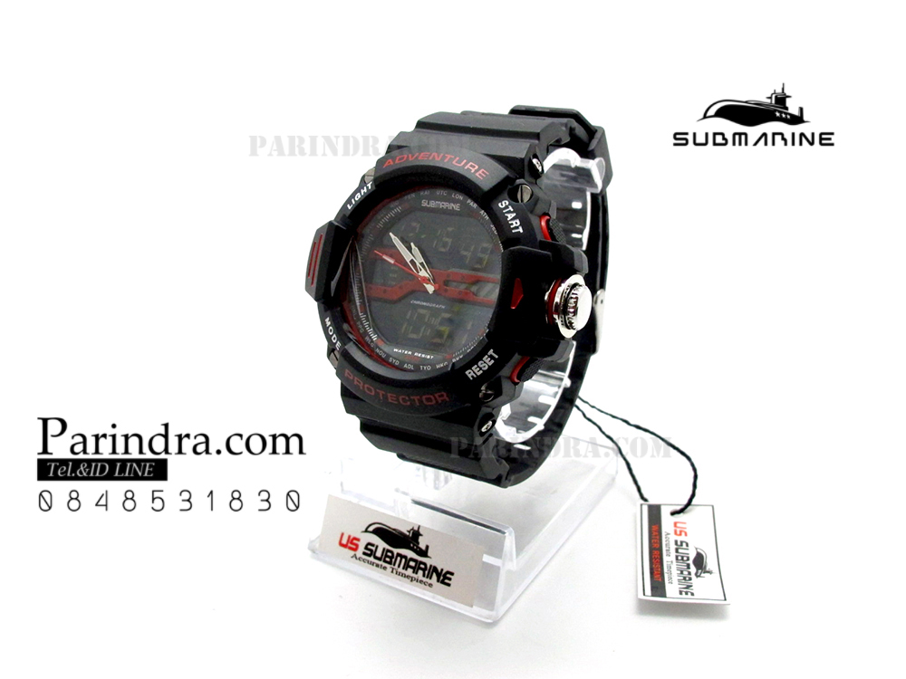 นาฬิกา US submarine รุ่น TP3164M สีดำตัดแดง พื้นหลังดำ