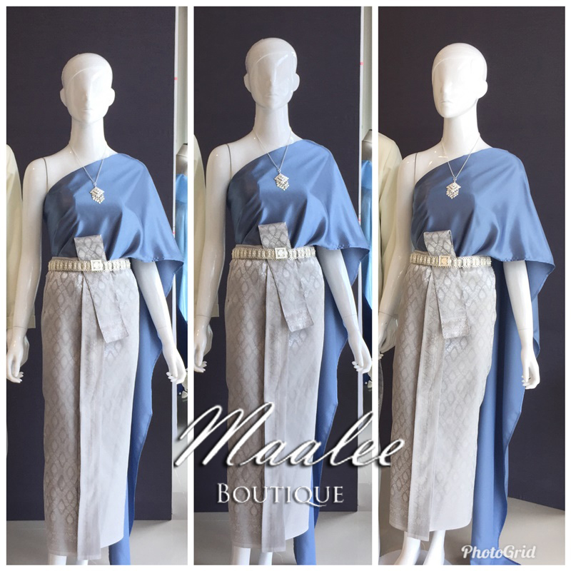 เช่า ชุดไทย ชุดเพื่อนเจ้าสาว ชุดไทยผ้าถุงสีเทาเงิน สไบเรียบ สีเทาอมฟ้า